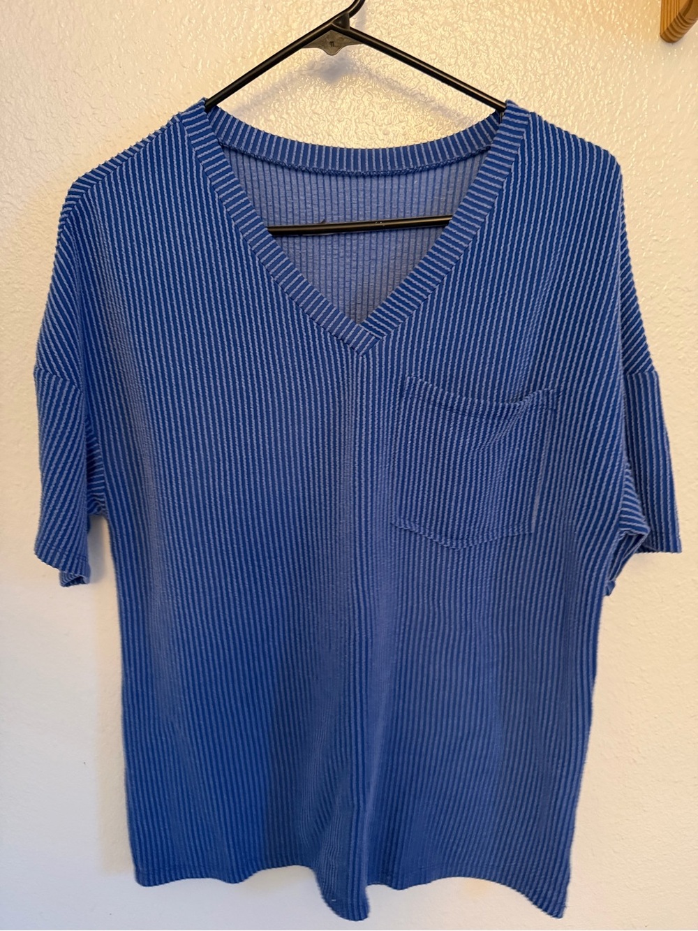 Blue V-Neck Ribbed Knit Top with Chest Pocket